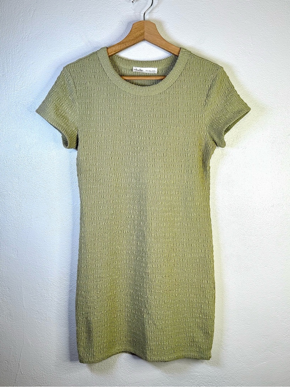 Elodie Sage Green Textured Stretch Mini Dress Short Sleeve Crew Neck Size Small